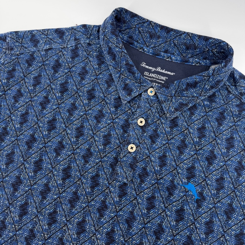 Tommy Bahama‎ Polo Shirt Mens 2XL Blue Geometric IslandZone Pima Cotton Blend